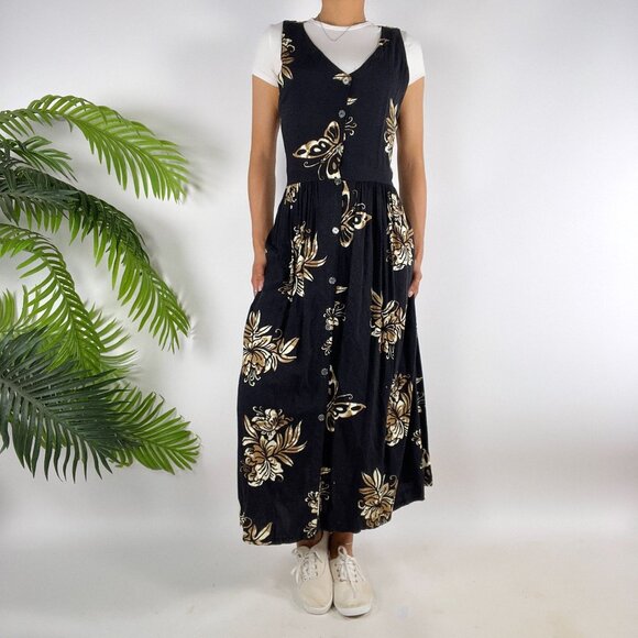 Vintage 90s Black Floral Boho Cottagecore Sleeveless Button Maxi Dress / Small - Picture 3 of 7